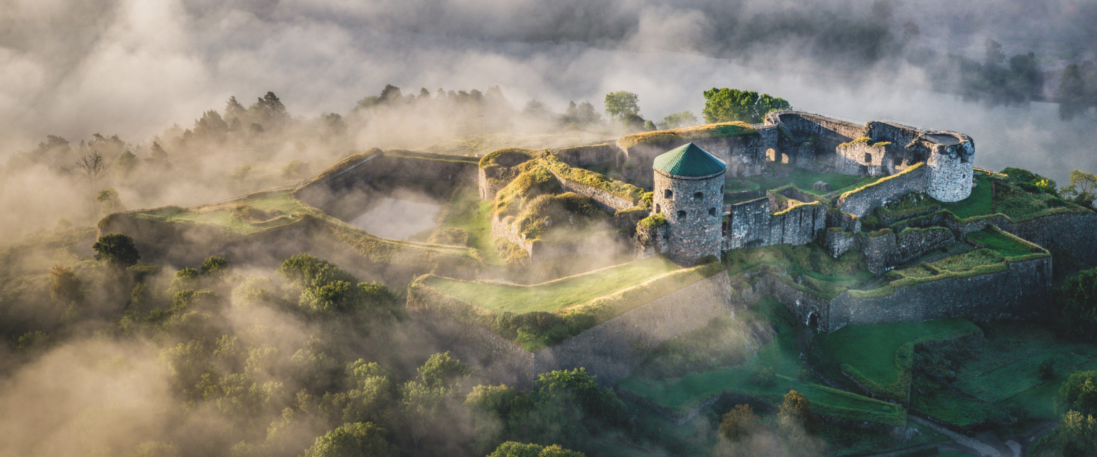 old castle ruins in sweden seen from birds eye view