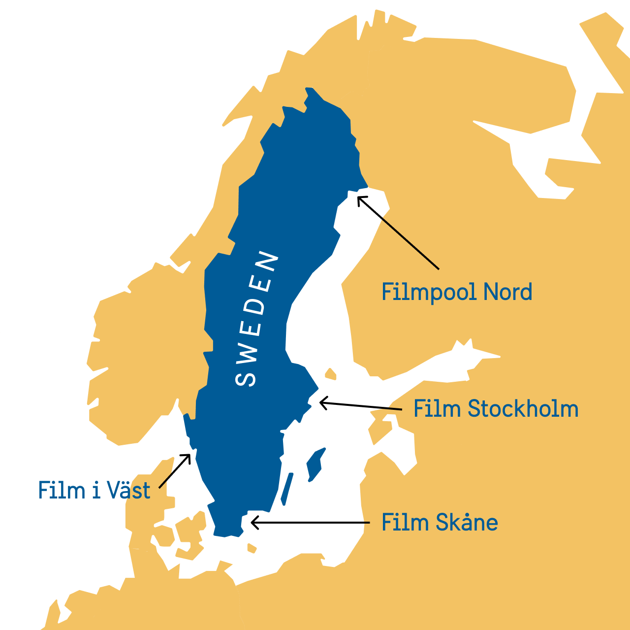 map of sweden with four arrows pointing to the different film regions